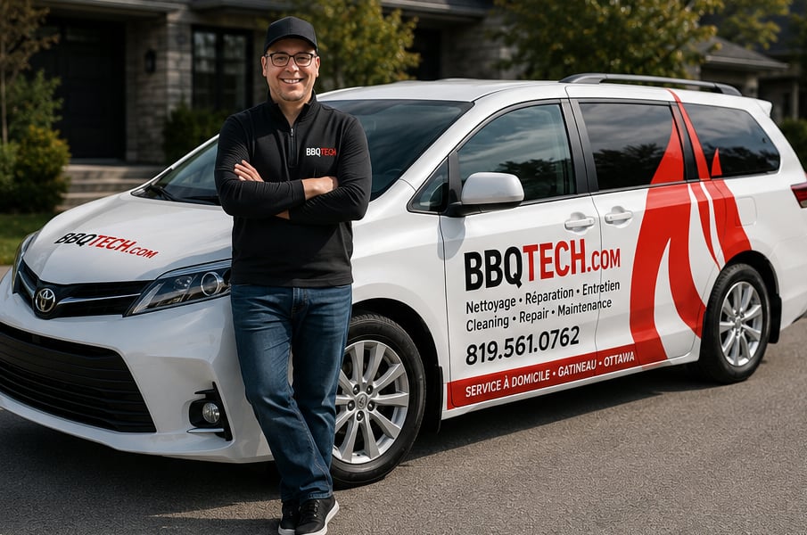 Nicholas Rathwell, fondateur de BBQTECH, devant le véhicule de service à Gatineau.
